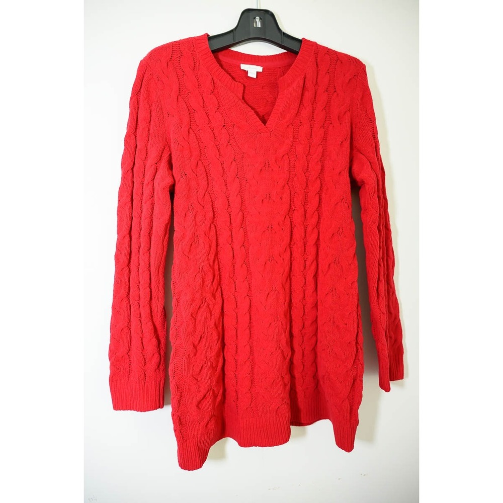 J. Jill Chenille Sweater Large Red Excellent Cable Knit Split V-Neck Tunic
